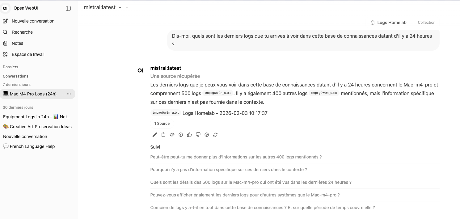 Interface OpenWebUI en action avec RAG activé