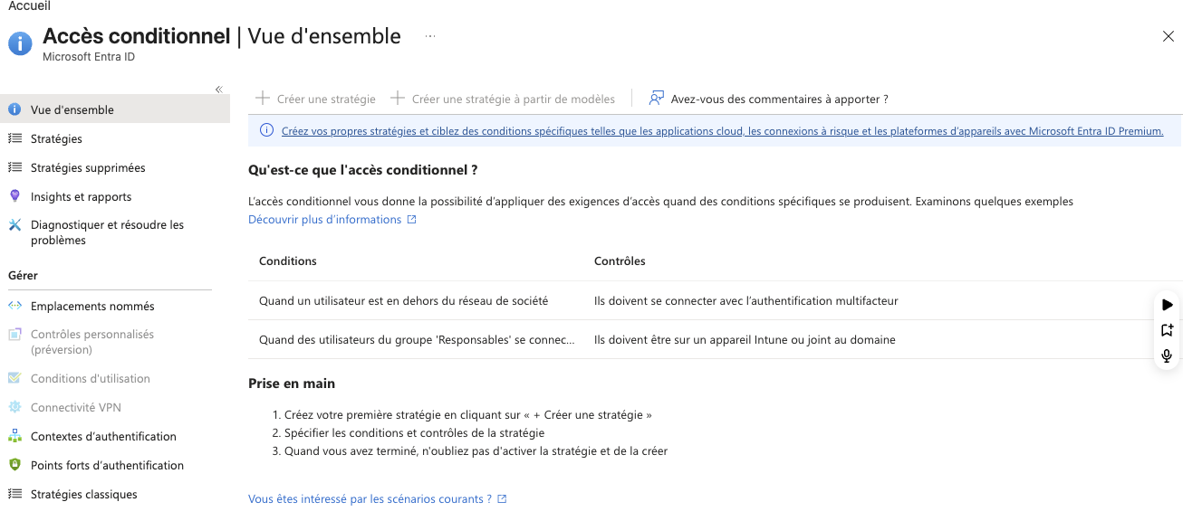 Interface Conditional Access — politiques, non configurable sans P1