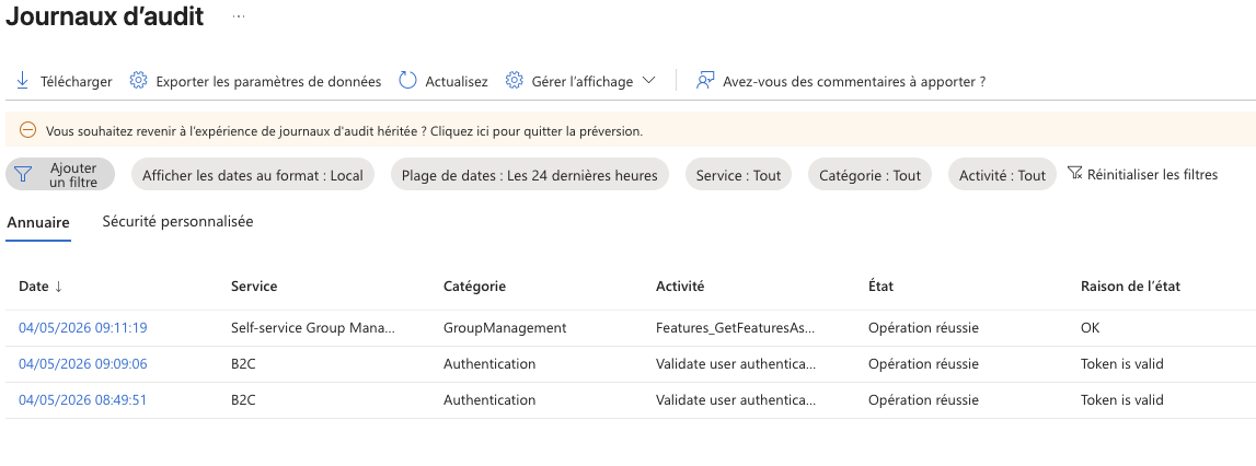 Journaux d&rsquo;audit Entra ID — événement Add user avec propriétés détaillées