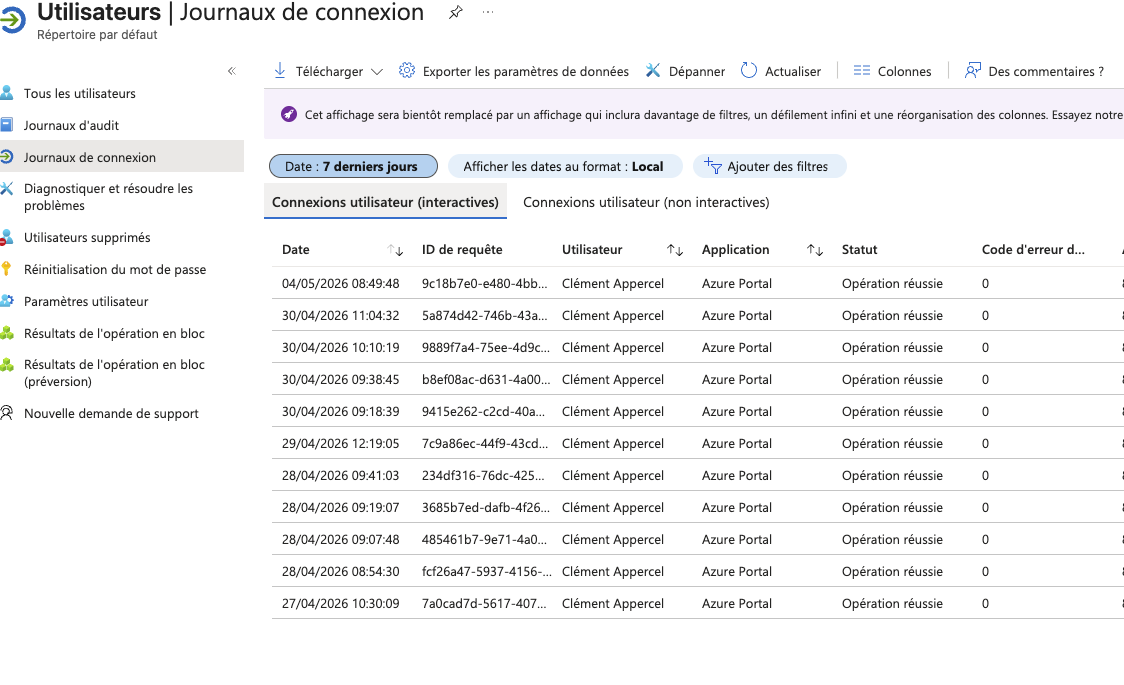 Journaux de connexion Entra ID — détail d&rsquo;un événement d&rsquo;authentification