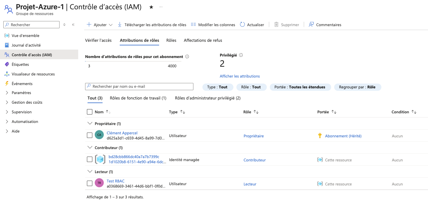 Vérification d&rsquo;accès IAM — rôle Lecteur assigné sur Projet-Azure-1